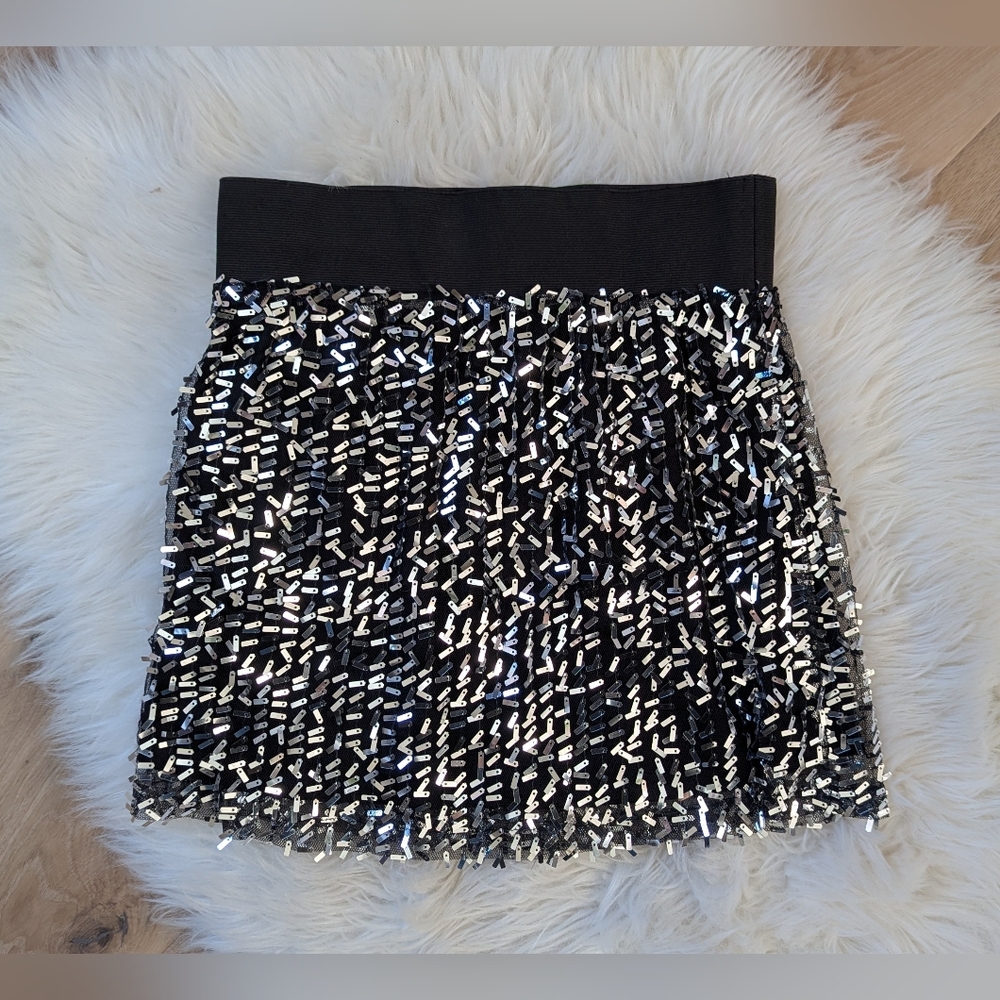 NWT Valleygirl Black Silver Sequin Fringe Mini Skirt